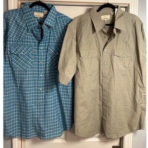 Eagle Crest Mens XLT Western Snap Shirt Lot 2 Short Sleeve Plaid Khaki Blue Tall